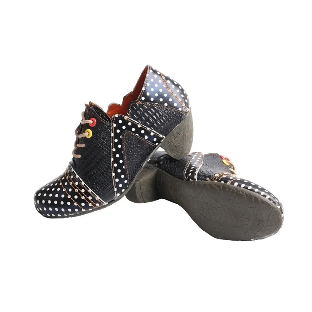 TMA EYES & MAiA Women's Retro Polka Dot Leather Booties Low Heel Lace Up - Picture 5 of 6